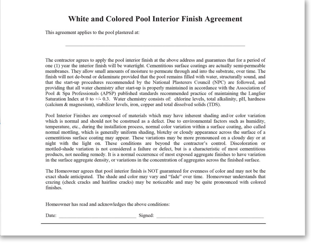FInest Finish WHite and Color Pool Surface Agreement - Image of document